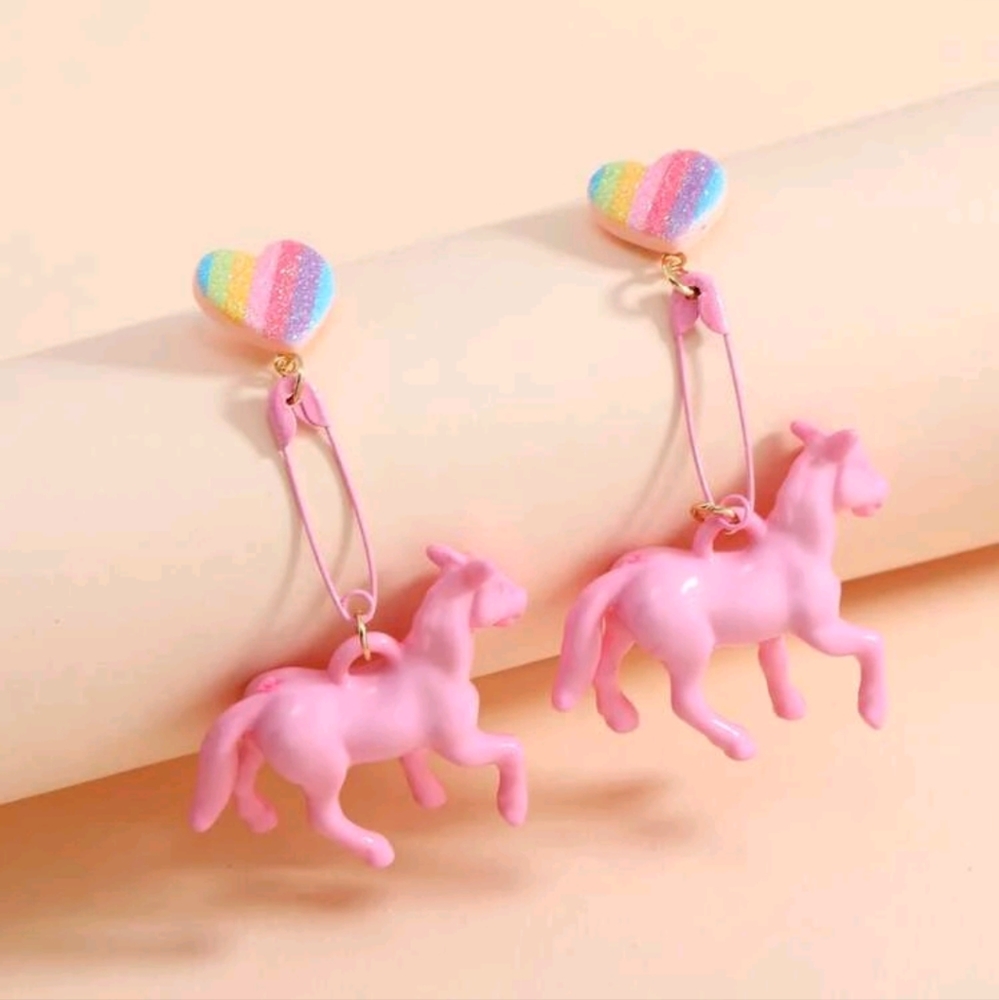 Candy Rainbow Heart & Pink Horse Safety Pin Drop Earrings